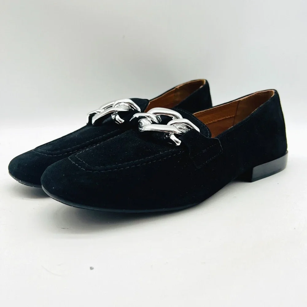 Donald Pliner Shoes Womens 7.5 Black Suede Loafer Chain Casual Chunky Bristol - Picture 2 of 12